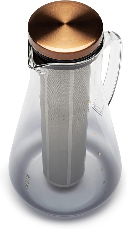 Sio Cold-Infusion Pitcher – 54 fl oz / 1600 mL Borosilicate Glass Pitcher with Micro-Fine 316 Stainless Steel Strainer & Copper-Plated Lid, Includes Measuring Scoop