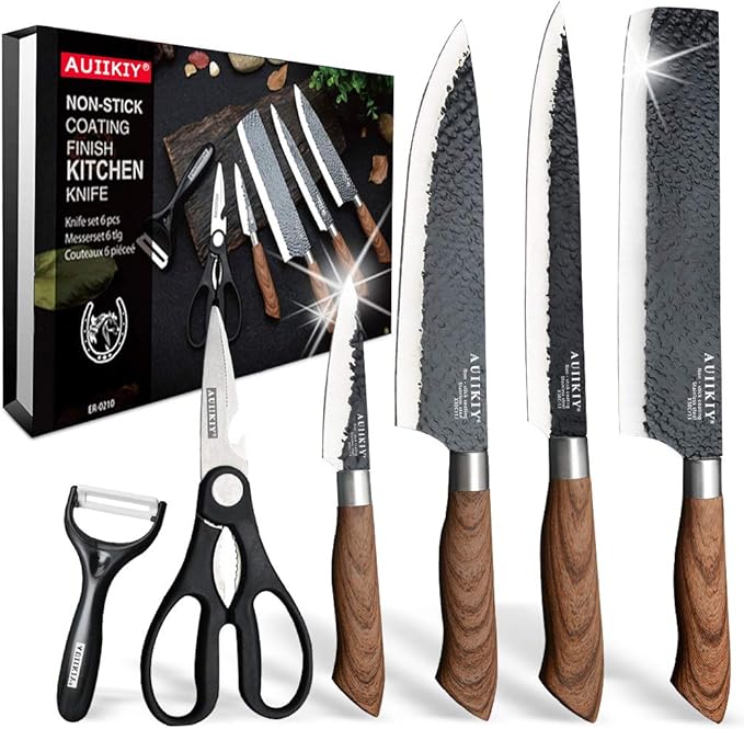 6 Pieces Professional Kitchen Knives Set With Giftbox, High Carbon Stainless Steel Forged Kitchen Knife Set, Sharp Chef Knife Set For Chef Cooking Paring Cutting Slicing (High Carbon Black)