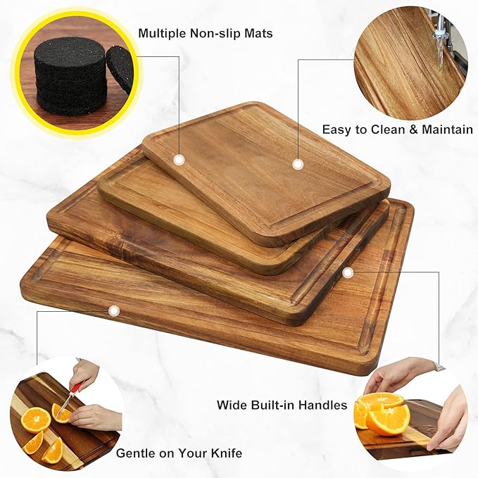AZRHOM Large Wood Cutting Boards Set of 4 for Kitchen Cheese Charcuterie Board (Gift Box Included) Acacia Butcher Block with Non-slip Mats, Juice Groove and Handles (16x12, 14x10, double 11x8 inch)-4