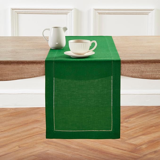 Solino Home Linen Garden Green Table Runner 132 Inches Long - 100% Pure Linen Extra Long Table Runner 14 x 132 Inch for Winter, St Patricks Day, Easter - Classic Hemstitch