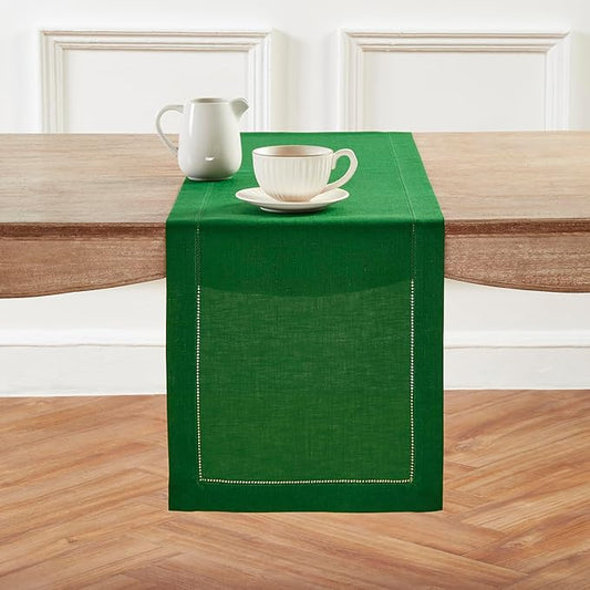 Solino Home Linen Garden Green Table Runner 108 Inches Long - 100% Pure Linen Hemstitch 14 x 108 Inch Table Runner for Dining, Winter, St Patricks Day, Easter - Classic Hemstitch