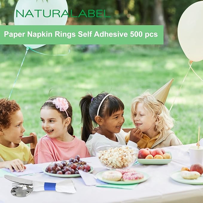 NATURALABEL 500 PCS Paper Napkin Rings with Box, Self-Adhesive Napkin Bands, for Family Meal, Birthday Party, Wedding, Celebration (Blue)