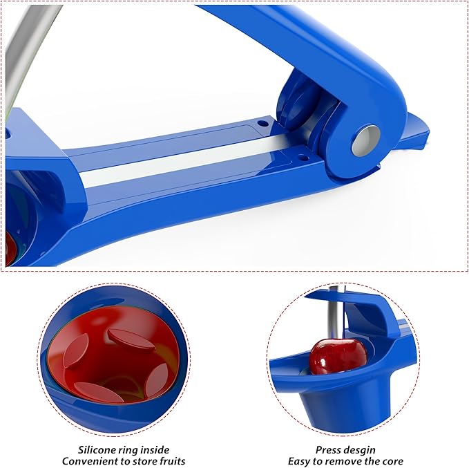 Cherry Pitter - Ordekcity Stainless Steel Cherries Corer Pitter Tool with Hand-held Push Design, Save Time & Space for Making Cherry Jam with Lock Design(Blue)
