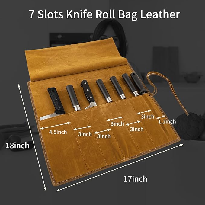 Baizoy Genuine Leather Knife Roll, Knife Bags for Chefs Professional, Small Chef'S Knife Case Holder, Knives Holders Protectors with 7 Slots, Portable Chef Knife Roll Chef Knife Bag