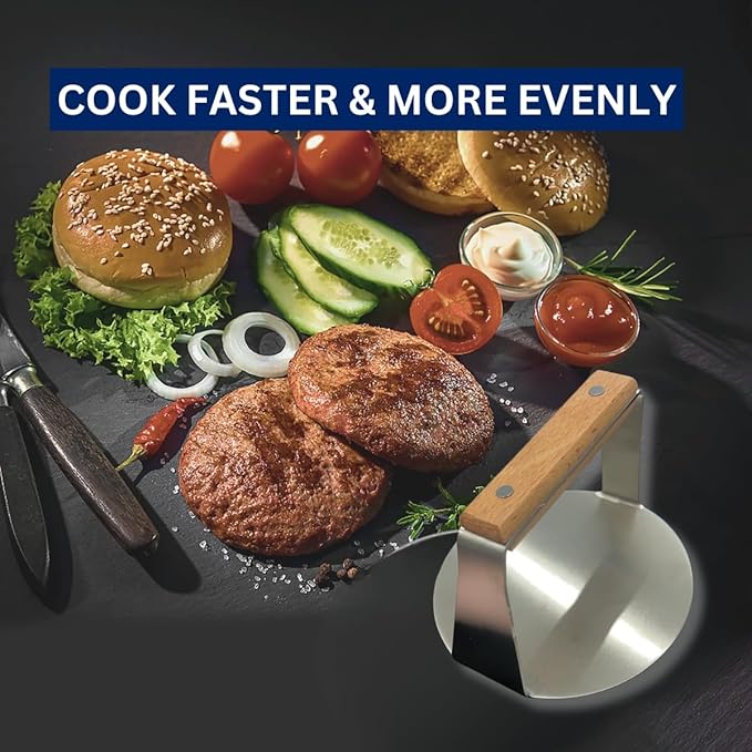 Youlander Stainless Steel Smash Burger Press | 6-Inch Non-Stick Round Burger Smasher for Smashburgers | Heavy Duty Meat and Veggie Smasher with Grill Press for Flat Top Grill Cooking