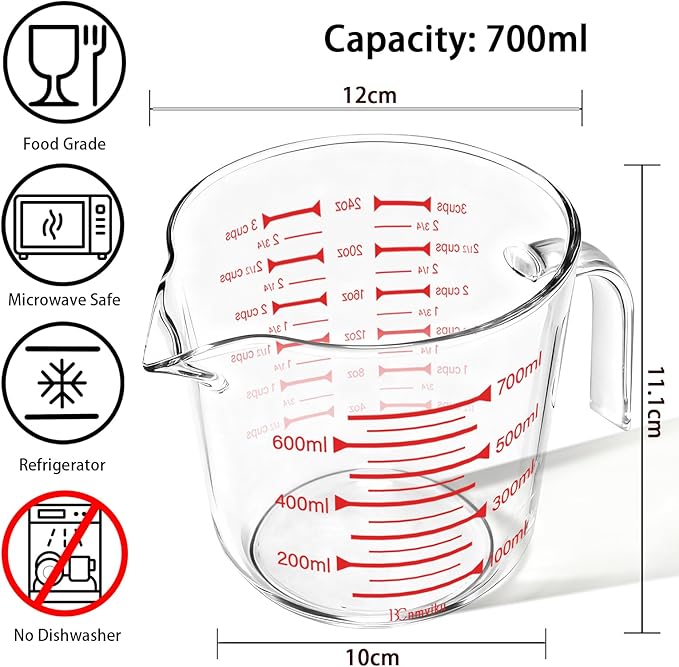 Glass Measuring Cup,Liquid Measuring Cups with 3 Scale(700ml,24oz,3cups) for Kitchen,Restaurant Baking,Cooking,Prepping