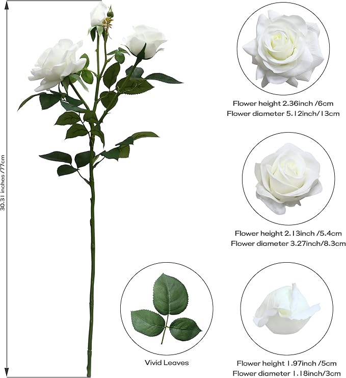 White Fake Flowers for Wedding Decor,Realistic Artificial Flowers Indoor 5 Bouquets（15 Heads） for Room Decor,Real Touch Fake Roses for Bathroom Kitchen Cake Bride Centerpieces Backdrop Decor（No Vase）
