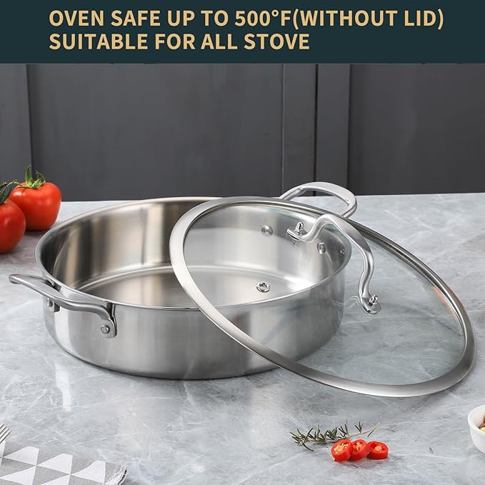 Yeksum 5QT Saute Pan with Lid, 3-Ply Frying pan with Lid large skillet with lid, 12inch Deep Fry Pan, Healthy 18/10 Frying Pan Stainless Steel, Oven & Dishwasher Safe
