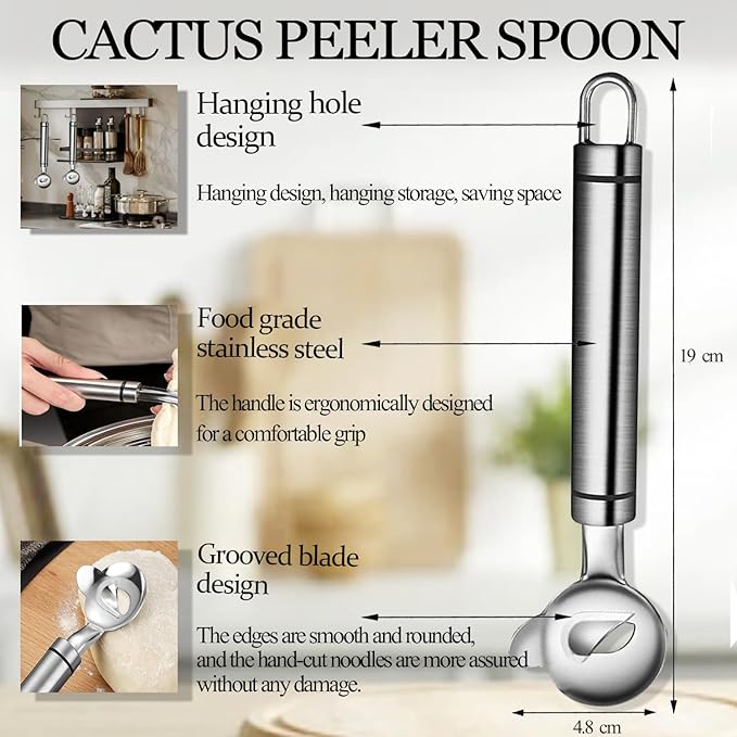 3 Pack Cactus Peeler Spoon,2025 Stainless Steel Cuchara Pelador de Nopales,Multi-Function Cactus Peeling Knife Tool,Sliced Chinese Noodle Cutter for Cooking Kitchen Gadgets
