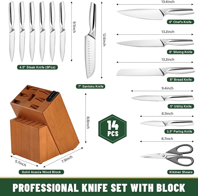 Knife Set, EWFEN 14-Piece Kitchen Knife Set with Block, German Stainless Steel Knives with Built-in Knife Sharpener, Anti-Slip Concave-dotted Handle Sharp Knives Set for Kitchen, Dishwasher Safe