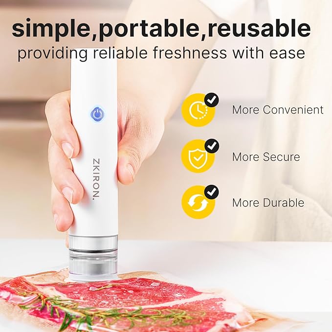 OneTouch Handheld Vacuum Sealer with 12 Reusable Vacuum Bags – Compact Food Sealer with Detachable Transparent Suction for Sous Vide, Meal Prep & Kitchen Storage, Portable Food Saver