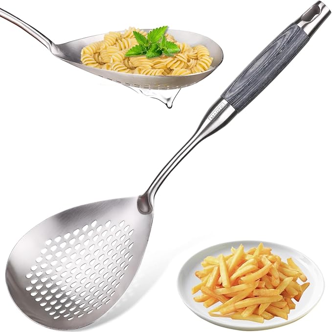 MARTE Skimmer Slotted Spoon -14.8in Pasta Strainer Skimmer Ladle Spoon for Cooking and Frying - Kitchen Scoop Colander Strainer Spoon with Heat Resistant Black Wooden Handle