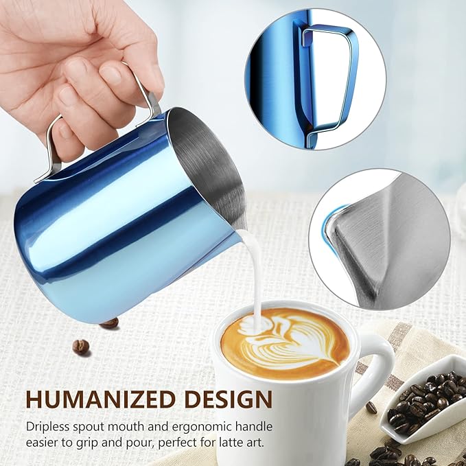 HOOMIL Milk Frothing Pitcher, 12oz/20oz/32oz Stainless Steel Steaming Pitcher Barista Milk Frother Cup Jug for Espresso Machine Coffee Cappuccino Latte Art - 12oz, Blue