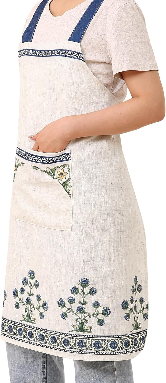 patdrea Blue Floral Linen Apron with Pocket,French Kitchen Garden Chef BBQ Aprons for Women and Men,Crisscross Back Straps