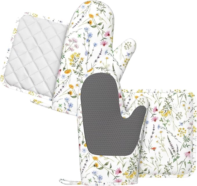 Wildflower Herbs Silicone Oven Mitts and Pot Holders Sets Plant Floral Retro Rustic Flower Blossom Farm Leaves Botanical Kitchen Mitts Potholder Kitchen Accessories for Cooking Baking BBQ