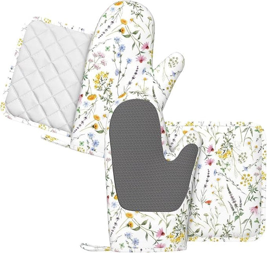 Wildflower Herbs Silicone Oven Mitts and Pot Holders Sets Plant Floral Retro Rustic Flower Blossom Farm Leaves Botanical Kitchen Mitts Potholder Kitchen Accessories for Cooking Baking BBQ