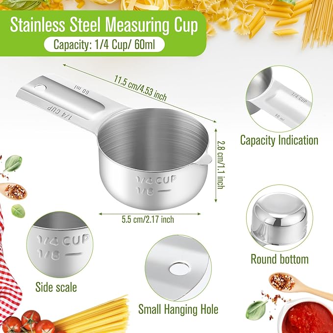 Honeydak 12 Pcs 1/4 Cup Measuring Cup Stainless Steel Metal Measure Scoop Single Measurement Scoop for Kitchen Coffee Wet and Dry Ingredients Dog Food