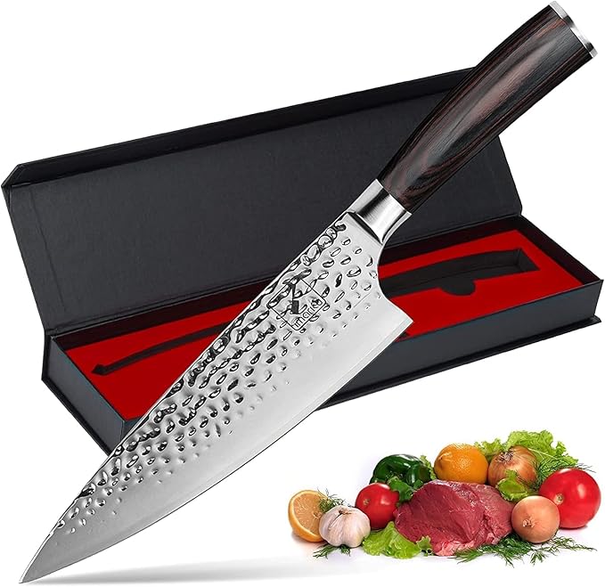imarku Damascus Chef Knife, 8 Inch Kitchen Knife Ultra Sharp Cooking Knife HC German Stainless Steel Japanese Knife for Kitchen, Hand-Hammered Design, Ergonomic Handle, Birthday Gifts for Men Women