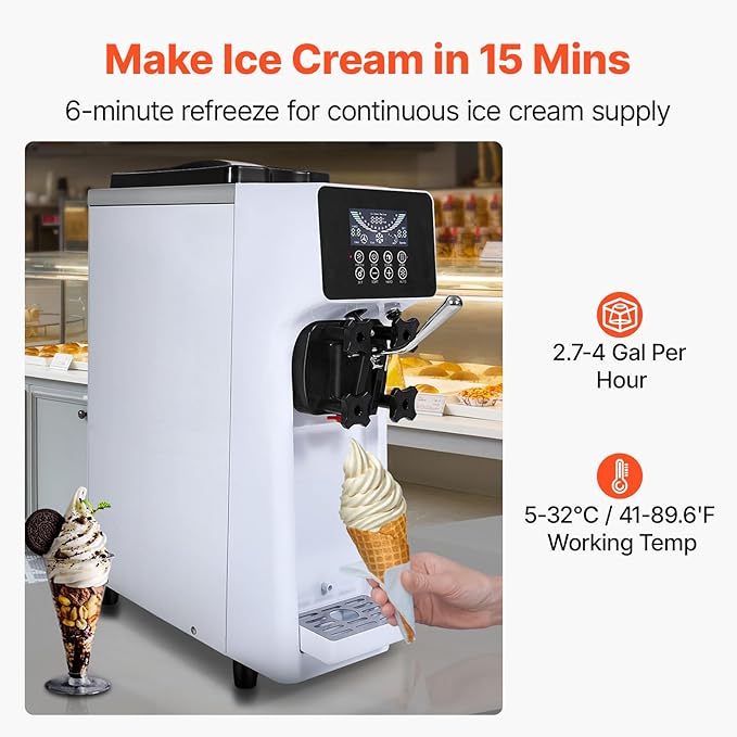 VEVOR Commercial Ice Cream Machine,1000W Single Flavor Countertop Soft Serve Ice Cream Maker with 4L Hopper 1.6L Cylinder, LCD Panel Auto Clean Pre-cooling,10.6 QT/H Yield for Restaurant Snack Bar