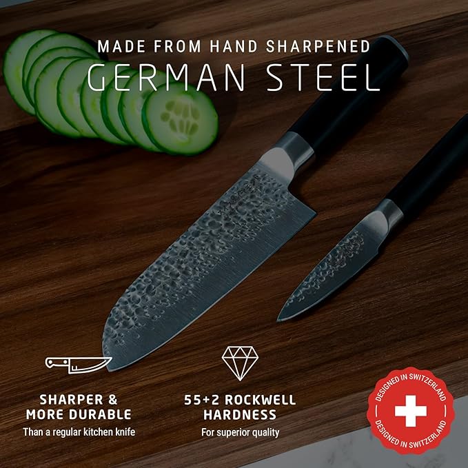 Swiss Diamond Santoku & Paring Knife, German Steel With ABS Handle, Half Tang Handle, Hammered Blade Chef Knives Professional Grade, 55+2 Rockwell Hardness, 7 & 4.5 Inch