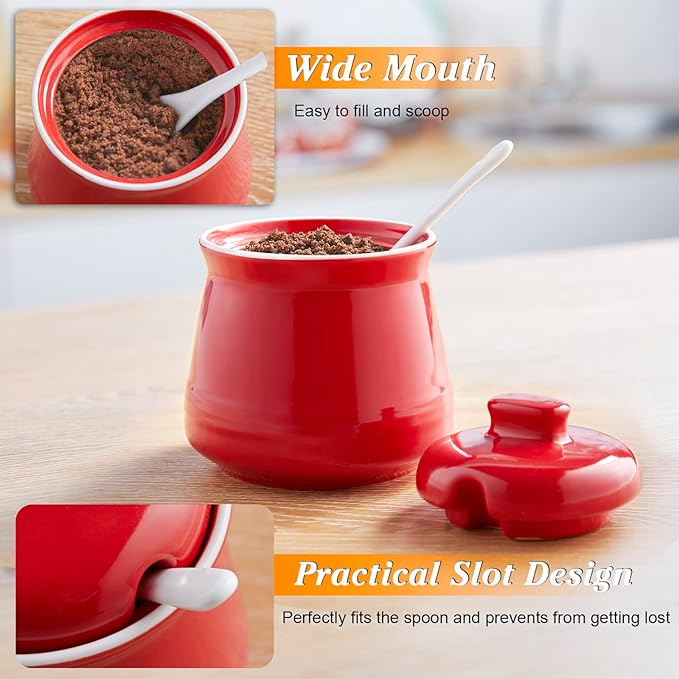 Sugar Bowl with Lid and Spoon, 12 oz Ceramic Sugar Bowl with Spoon, Sugar Container for Coffee Bar, Sugar Jar Sugar Dispenser Bowl, Red Kitchen Decor and Accessories