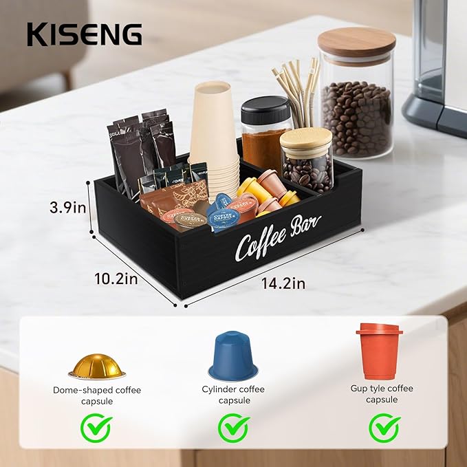 Coffee Pod Bar Station Wooden 14" X 10" X 4" Organizer Box for Countertop, Counter Top Tea Espresso Cup Wood Storage Box, Black