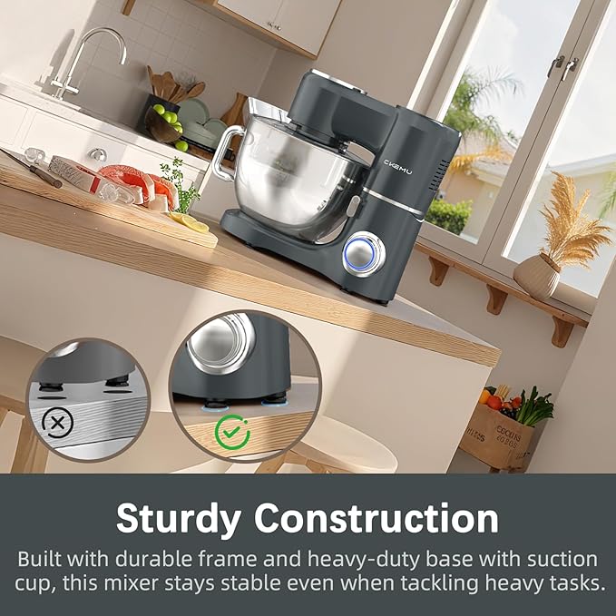 CKEMU Stand Mixer, 9-Quart Stainless Steel Bowl, 660W Professional Power, Multiple Speed Options, Sturdy Design, Easy to Clean, Lifetime Support, SM-1550(Grey)