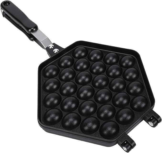 Tnfeeon Bubble Waffle Pan Cast Aluminum Stovetop Maker, Double Sided Egg Waffle Iron with Fixed Bracket and Anti Scald Handles for Home Kitchen Cafe Use