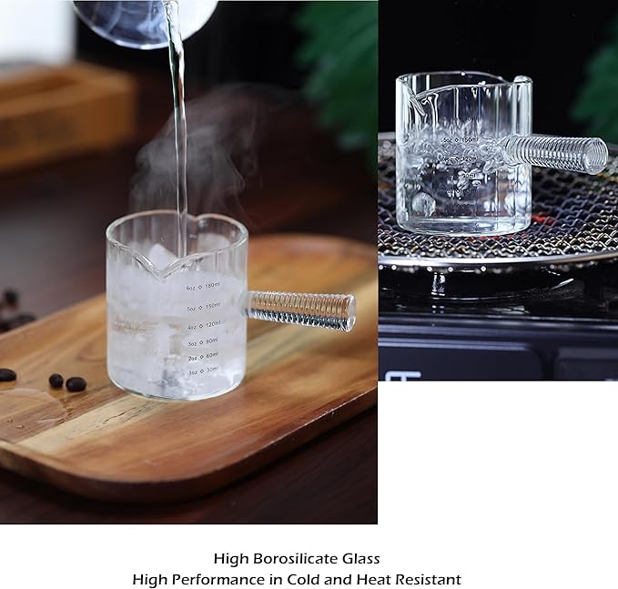 Glass Espresso Cup 6 OZ, Double Shots Measuring Cup with Glass Handle for Dishwasher Safe, Double V-Shaped Spout Milk Frothing Pitcher, Espresso Accessories for Machine, Demitasse Cups