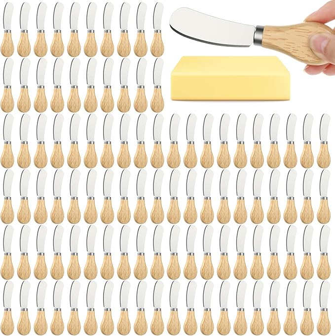LemonRoad 100 Pcs Cheese Butter Spreader Knife Stainless Steel Butter Knife with Wooden Handle for Jam, Sandwiches, Dips and Charcuterie Kitchen Gadgets Bulk