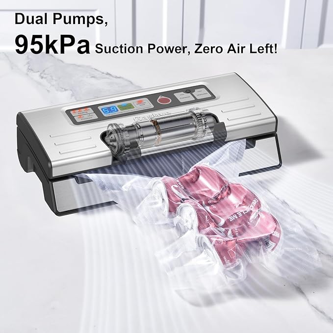95kPa Precision Vacuum Sealer Machine, Double Heat Seal for Dry/Moist Food, Easy-Lock Handle, Built-in Bag Storage & Cutter, Progress Display, Pulse Mode, Removable Drip Tray, Silver
