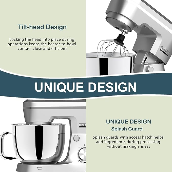 Household Stand Mixer with 6.5 Quart Bowl, Electric Food Mixer 10+p Speeds 660W, Kitchen Tilt-Head Bread Dough and Cake Mixers with Dough Hook, Whisk, Beater, Splash Guard