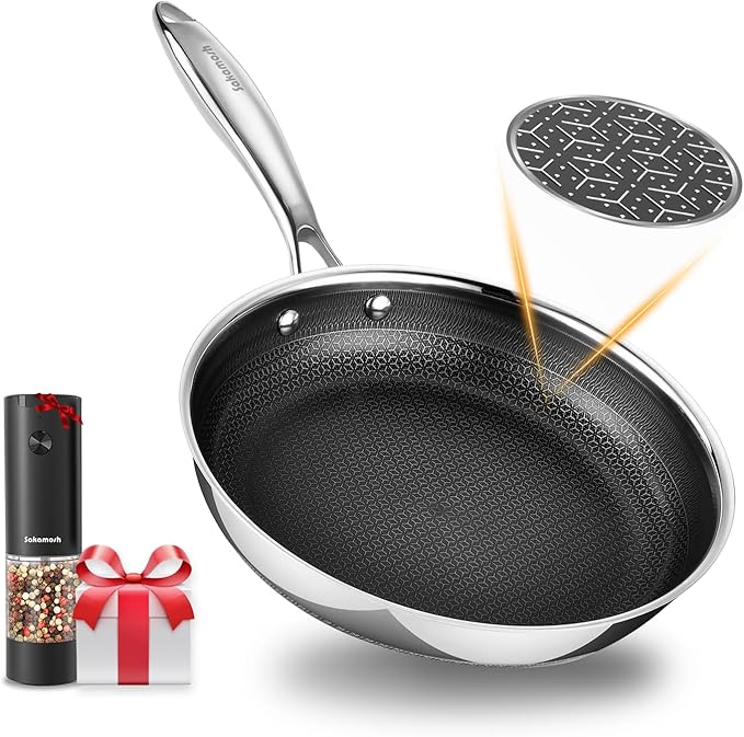 SAKAMOSH 9.5" Hybrid Ceramic Deep Saute Pan, Ceramic-Coated Stainless Steel Skillet - PFOA/PTFE Free, High Heat & Induction, Dishwasher & Oven Safe + FREE Electric Pepper Grinder