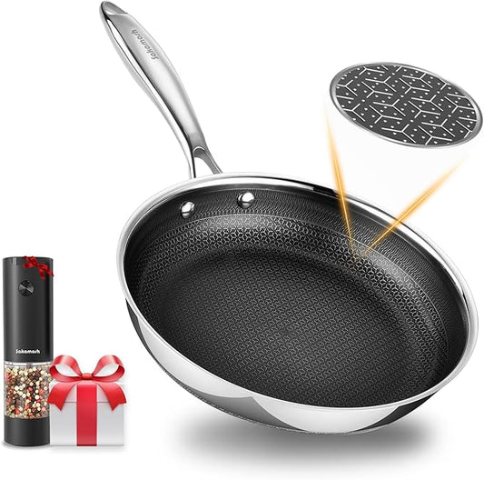 SAKAMOSH 9.5" Hybrid Ceramic Deep Saute Pan, Ceramic-Coated Stainless Steel Skillet - PFOA/PTFE Free, High Heat & Induction, Dishwasher & Oven Safe + FREE Electric Pepper Grinder