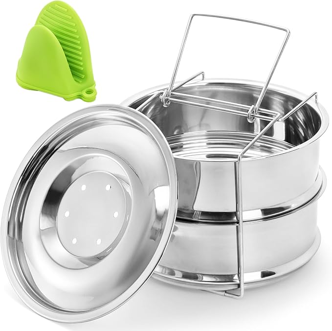 WUWEOT Stackable Steamer Insert Pans, 2 Tier Stainless Steel Pot-in-Pot Baking Pan, Pressure Cooker Accessories with Sling Handle and Silicone Gloves for Instant Pot