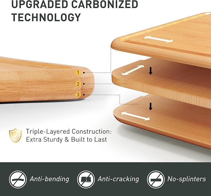 3 Packs Bamboo Cutting Board Set with Holder Wood Cutting Boards for Kitchen with Juice Grooves Built-in Handles, Ideal Charcuterie & Chopping for Meat Vegetables Fruits Kitchen Gift for Home Cooks