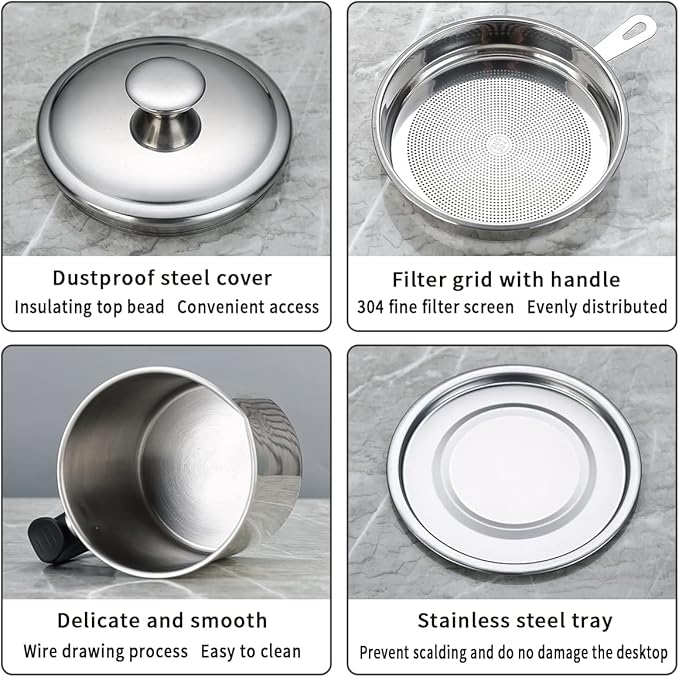 Berglander Bacon Grease Container With Strainer 47oz/1.4L, Stainless Steel Oil Storage Container with Fine Mesh Strainer Dust-proof for Storing Frying Oil and Cooking Fat, Cooker Accessories
