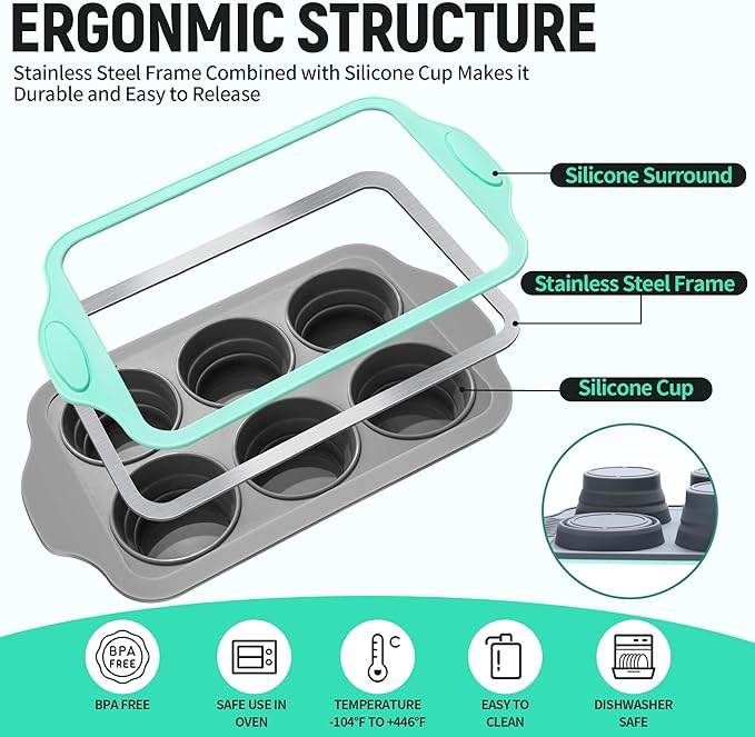Vynium Muffin Pans for Baking 6 Cups, Silicone Foldable Muffin Pan with Metal Frame, Collapsible Cupcake Pan, Egg Bite Molds, Muffin Tin Tray for Baking Homemade Brownies Puddings(1)