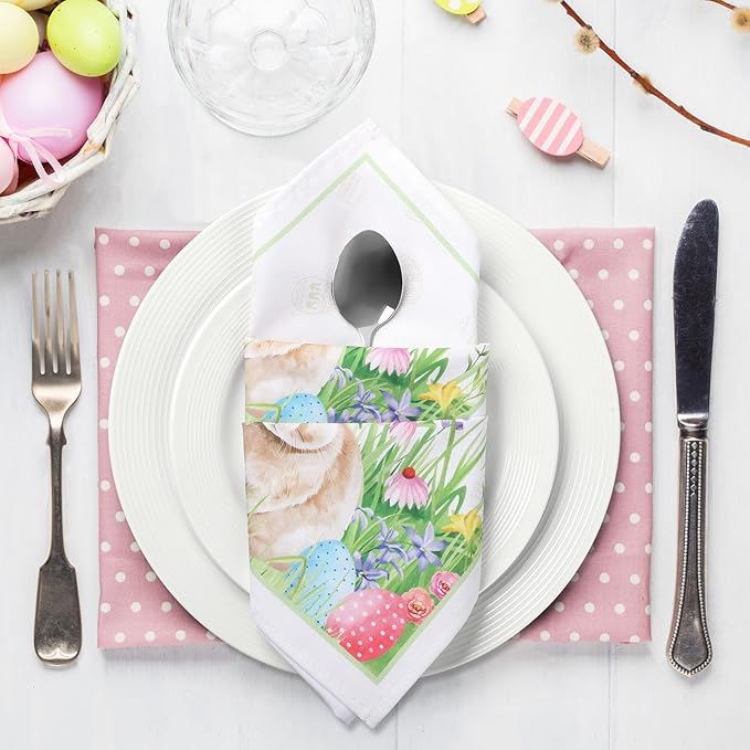 Easter Bunny Napkins, 18×18 Inch Egg Grass Dinner Cloth Napkins Set of 6, Washable Cotton Soft Absorbent Square Napkins for Dining Kitchen Party Wedding Decoration