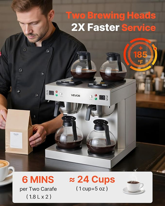 VEVOR Commercial Drip Coffee Maker, 24 Cups Coffee-Maker Machine with 4 Glass Carafes and 4 Decanter Warmer Plates, Stainless Steel Dual-Head Coffee Brewer, for Restaurant, Office, Coffee Shop & Home