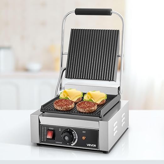 VEVOR Commercial Panini Grill, 1800W Electric Sandwich Panini Maker, Stainless Steel Sandwichs Press Grill with Handle and Temp Control, 8.8x9 in Full Grooved Enamel Plate for Hamburger Steak Bacon