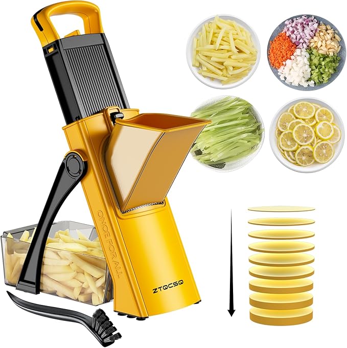 [All in 1] Upgraded Version Safe Mandoline Slicer for Kitchen, Adjustable Thickness. and Spiralizer, Veggie Slicer, Rapid Prep Mandoline, Detachable Blade, Cleaning Brush (Yellow)