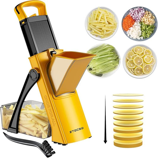 [All in 1] Upgraded Version Safe Mandoline Slicer for Kitchen, Adjustable Thickness. and Spiralizer, Veggie Slicer, Rapid Prep Mandoline, Detachable Blade, Cleaning Brush (Yellow)