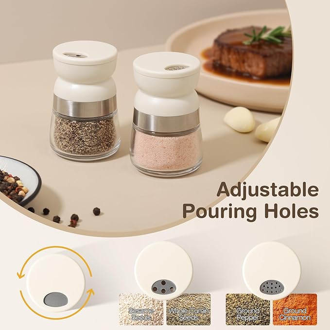Vucchini Mini Salt and Pepper Shaker 2pcs 1.28 Oz Small Travel Spice Shaker with Adjustable Pour Holes Portable Pepper Dispenser for Table, Camping, Travel Beige Color