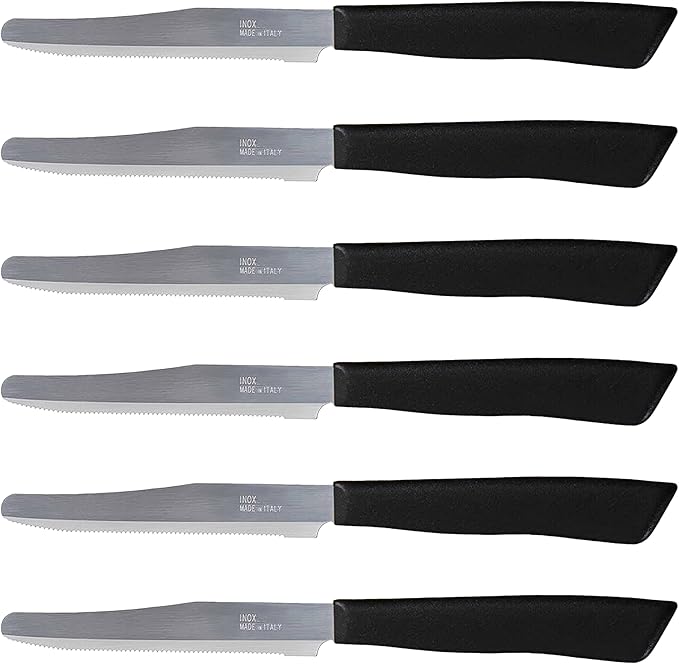 Tredoni 6 kitchen Knives - 4.3"/11cm Italian Stainless Steel Serrated Vegetable/Steak/Table Knife Cutlery, Rounded Tip (Black)