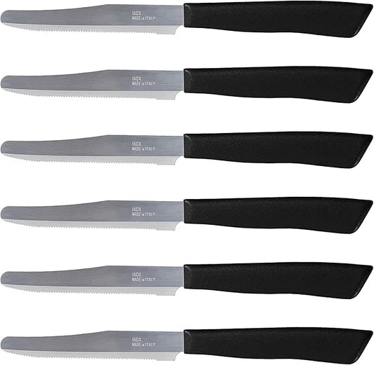 Tredoni 6 kitchen Knives - 4.3"/11cm Italian Stainless Steel Serrated Vegetable/Steak/Table Knife Cutlery, Rounded Tip (Black)