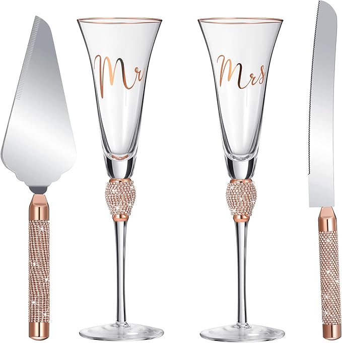 Boao 4 Piece Wedding Champagne Flutes and Cake Knife Server Set Crystal Mr and Mrs Toasting Flutes Rhinestone Cake Cutting Set for Bride and Groom Wedding Engagement Bridal Shower Gifts(Rose Gold)