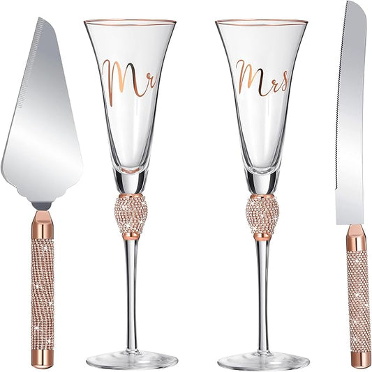 Boao 4 Piece Wedding Champagne Flutes and Cake Knife Server Set Crystal Mr and Mrs Toasting Flutes Rhinestone Cake Cutting Set for Bride and Groom Wedding Engagement Bridal Shower Gifts(Rose Gold)