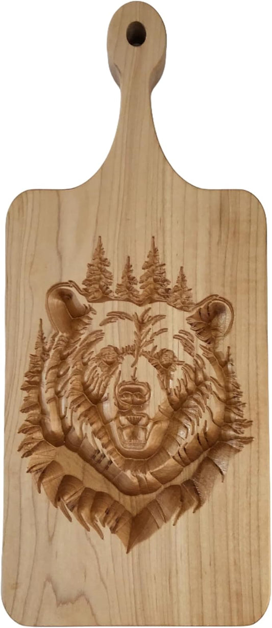 Rustic Maple Wood Cutting Board with Bear Carving, 16 x 6.75 inches Great Gift for Father's Day, Hunting Cabin, Christmas,