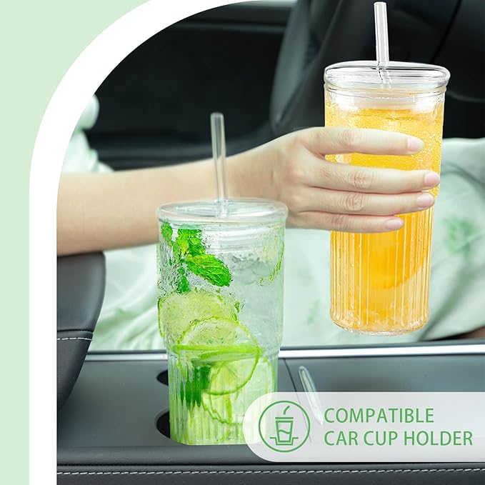 Glass Cups with Lids and Glass Straws, High Borosilicate 20OZ Tumblers (2Pcs) for Coffee, Tea, Juice, Smoothies, Hot/Cold Drinks at Home, Office（Creative Drink Label Design）